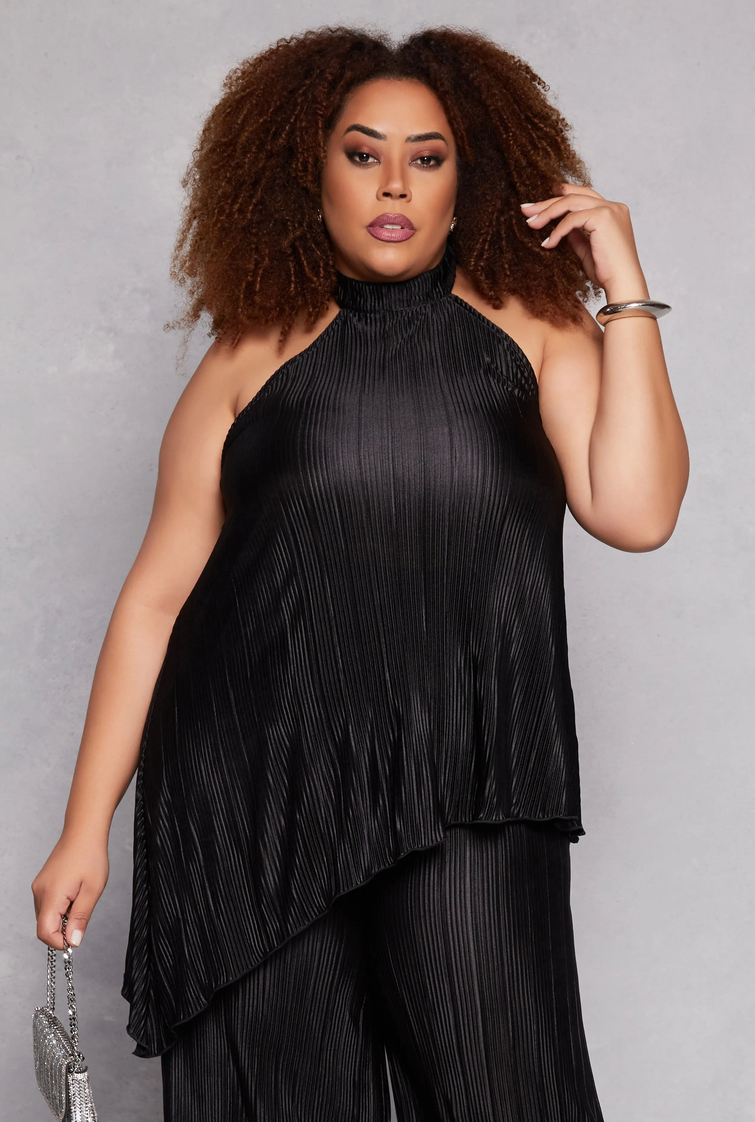 Plus Size Almost Famous Plisse Asymmetrical Hem Halter Top sold by Rainbow
