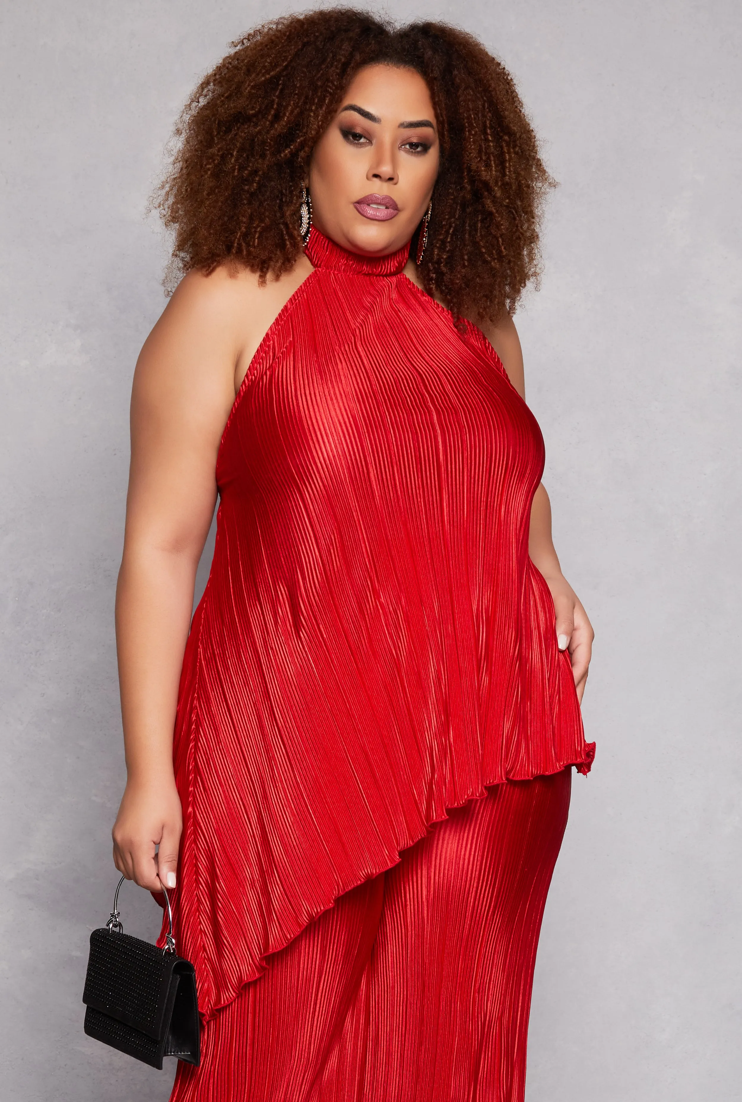 Plus Size Almost Famous Plisse Asymmetrical Hem Halter Top sold by Rainbow