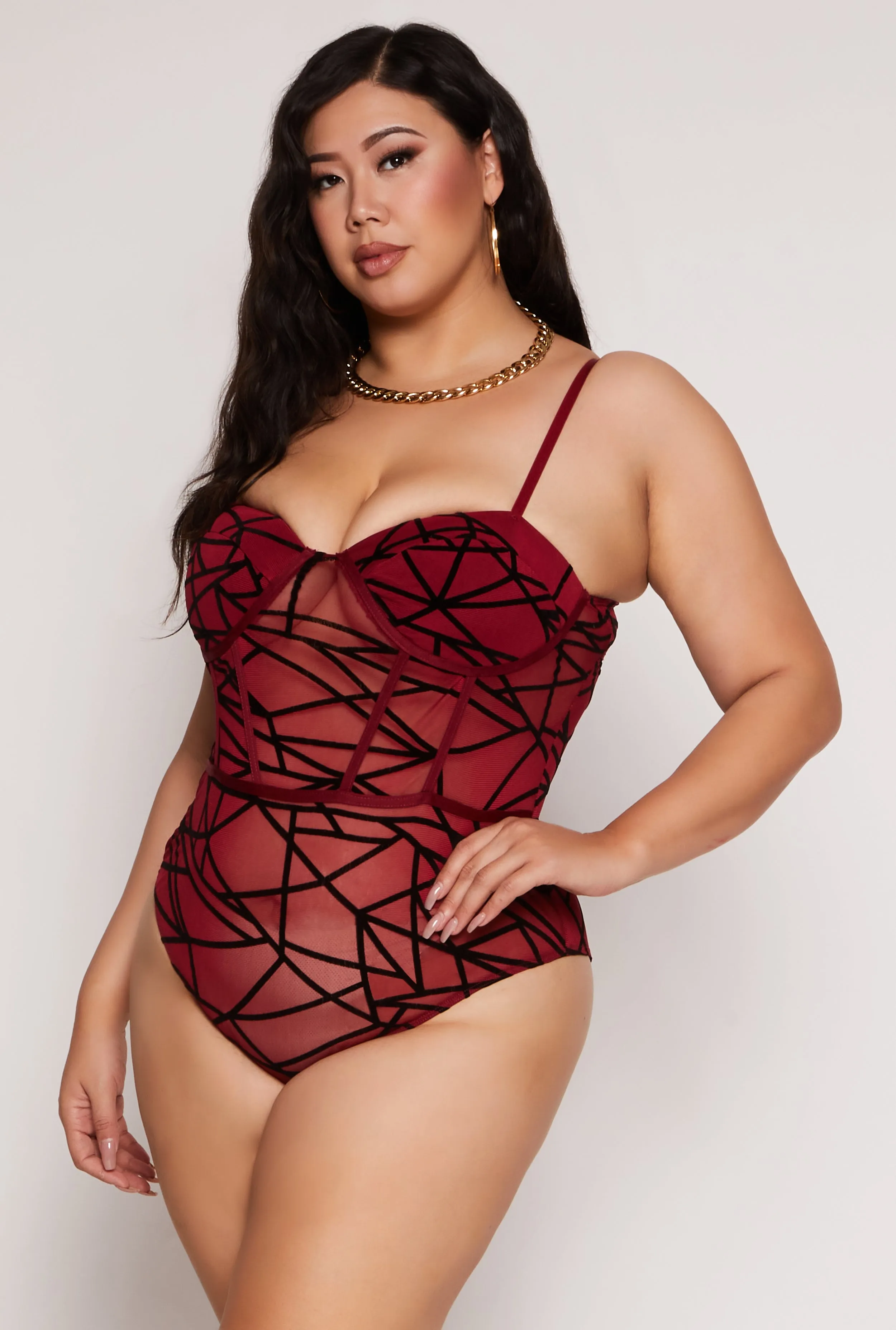 Plus Size Velvet Burnout Patterned Bustier Bodysuit sold by Rainbow