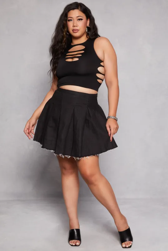 Plus Size Daisy Denim Frayed Hem Pleated Skirt sold by Rainbow