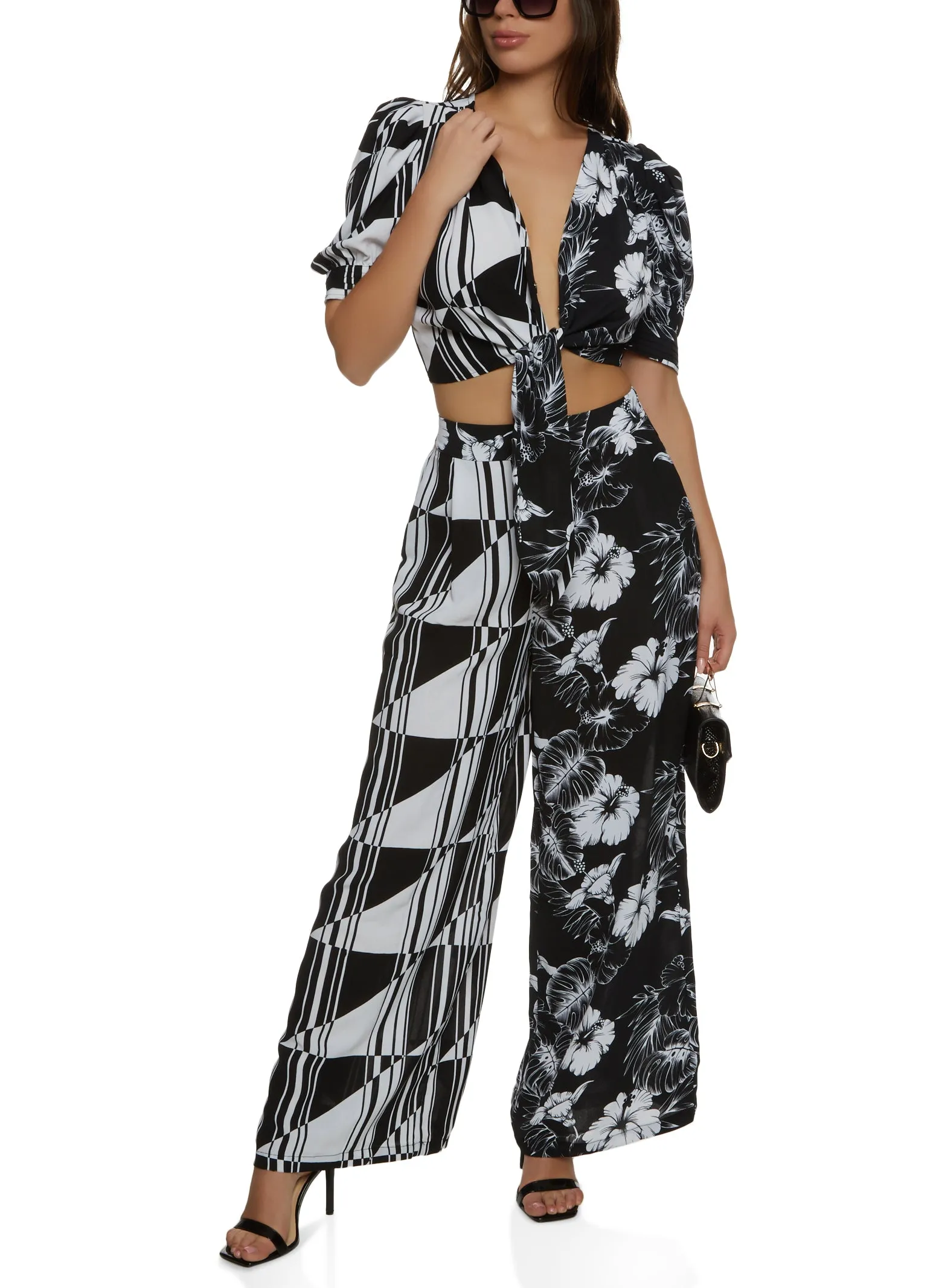 Mixed Print Puff Sleeve Tie Front Blouse sold by Rainbow product image thumbnail 2