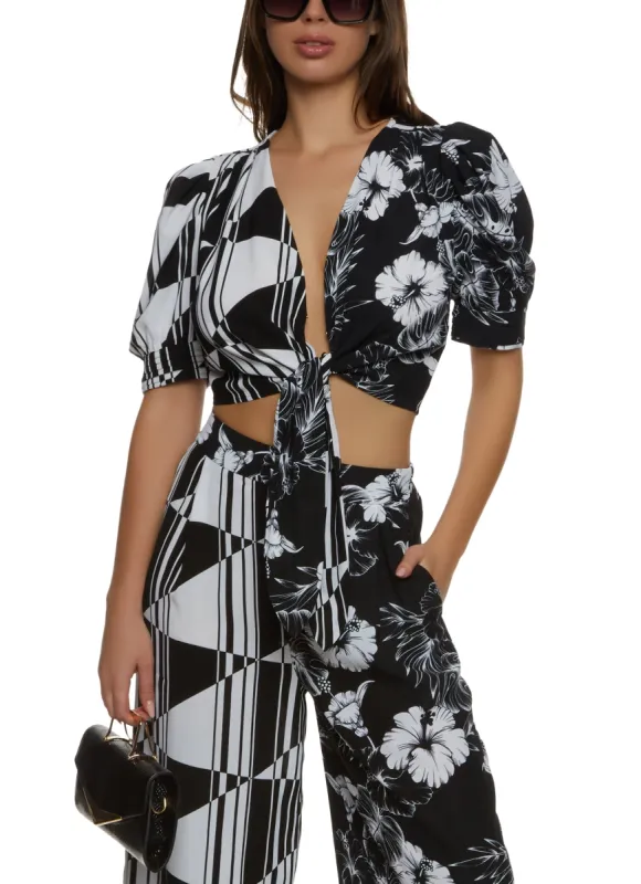 Mixed Print Puff Sleeve Tie Front Blouse sold by Rainbow