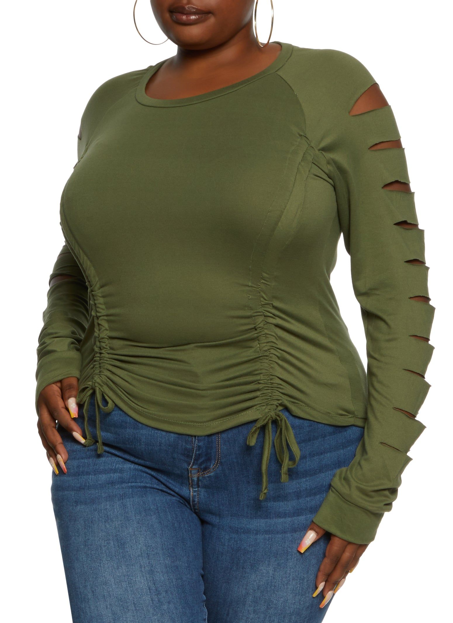 Plus Size Laser Cut Sleeve Ruched Top sold by Rainbow