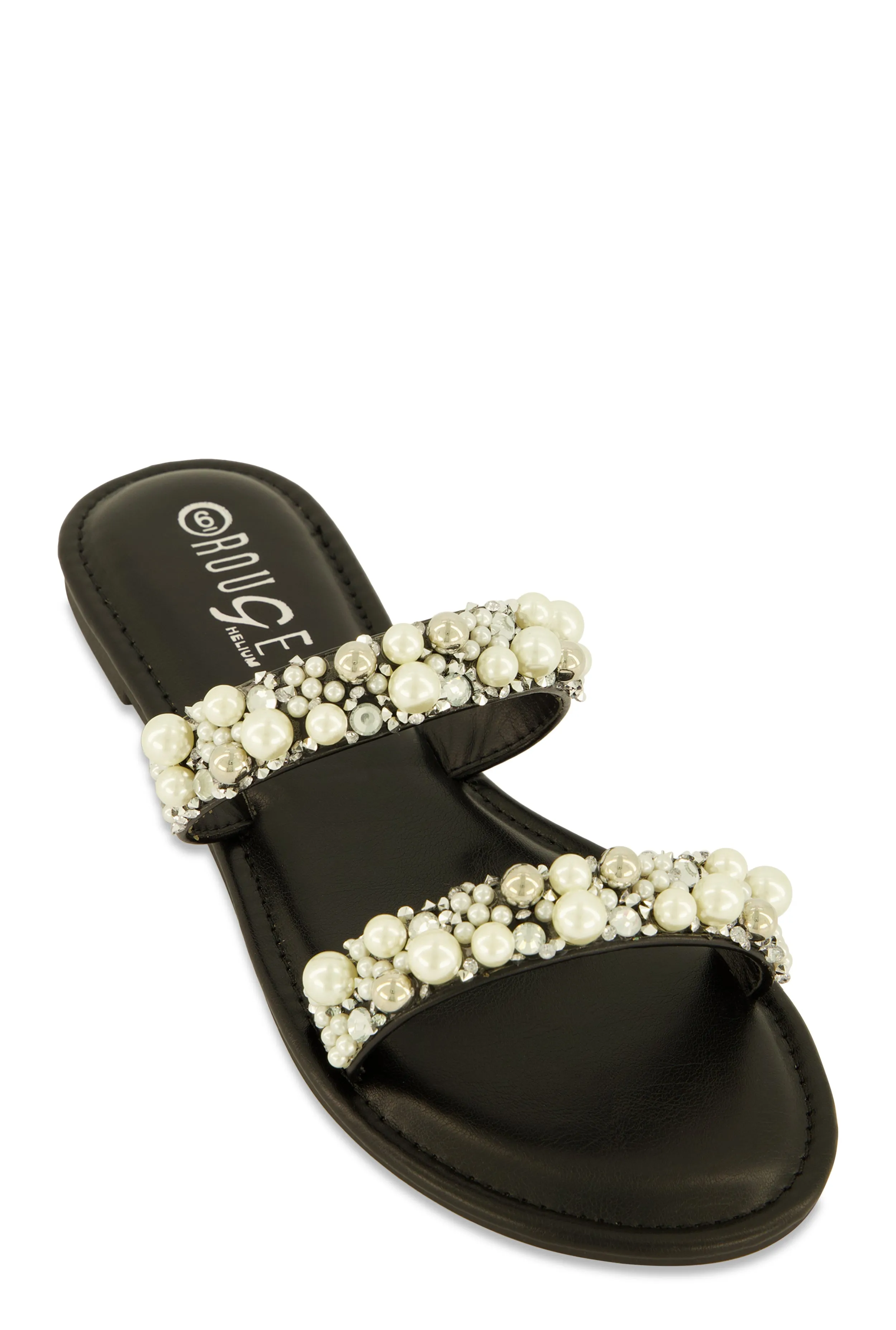 Faux Pearl Rhinestone Double Band Slide Sandals sold by Rainbow