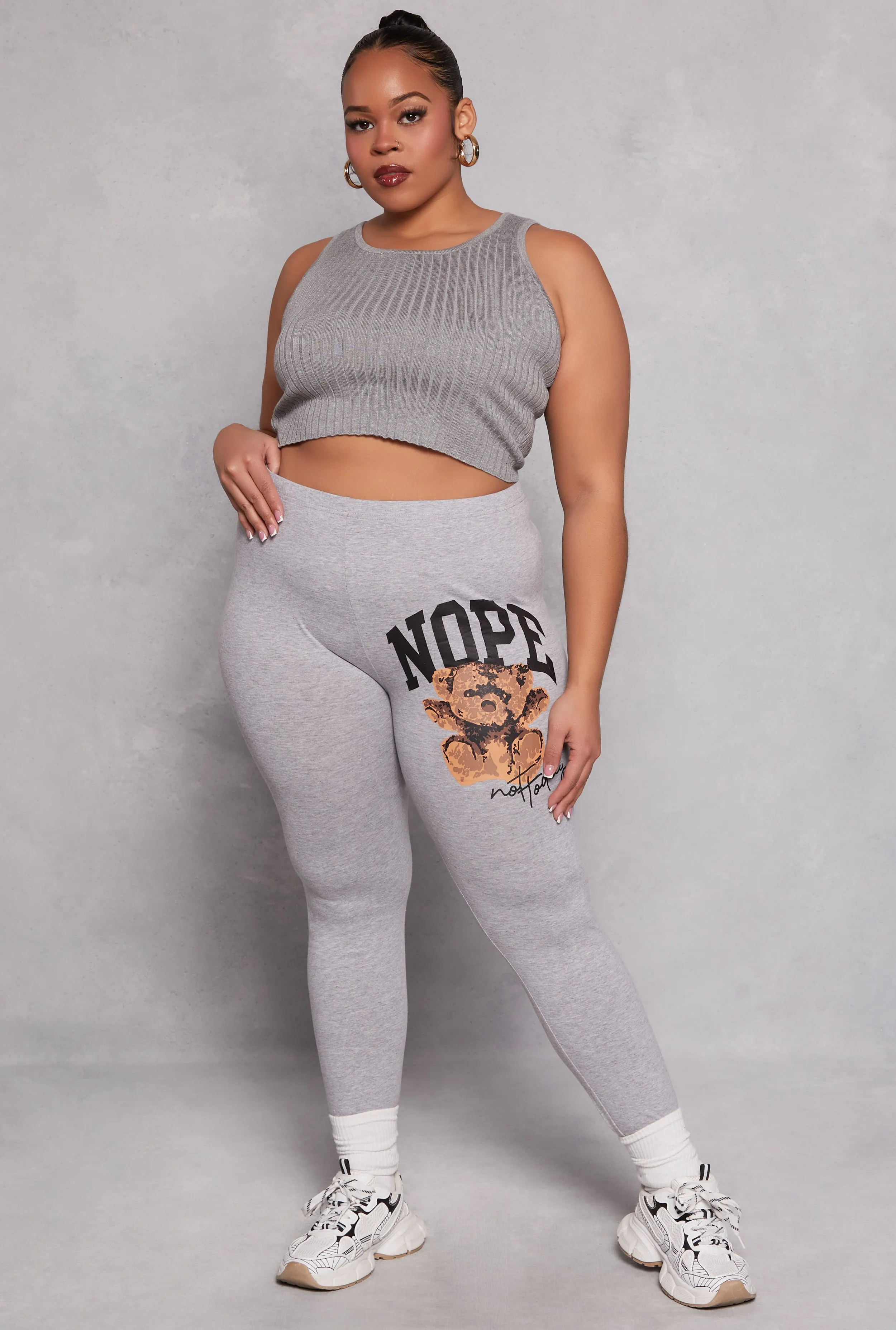Plus Size Nope Not Today Bear Graphic Leggings sold by Rainbow