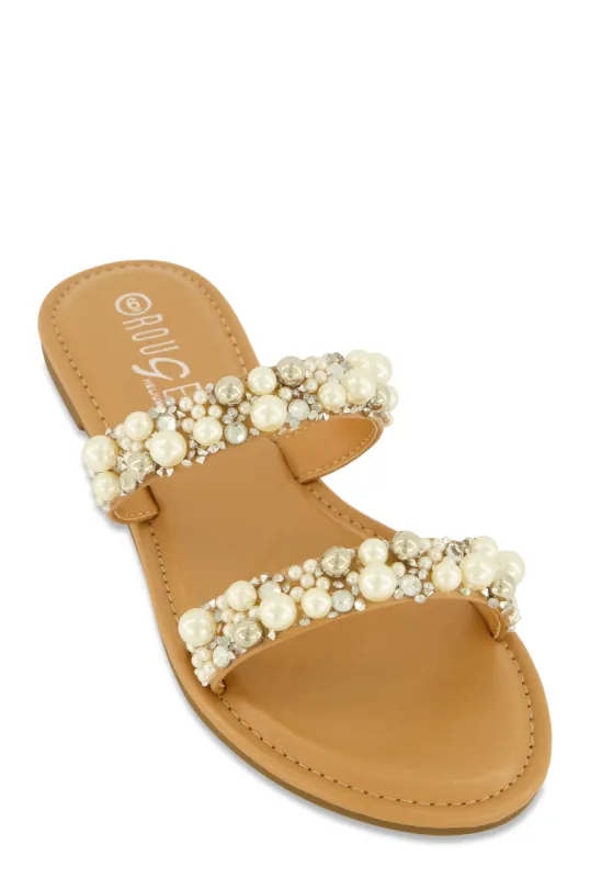 Faux Pearl Rhinestone Double Band Slide Sandals sold by Rainbow