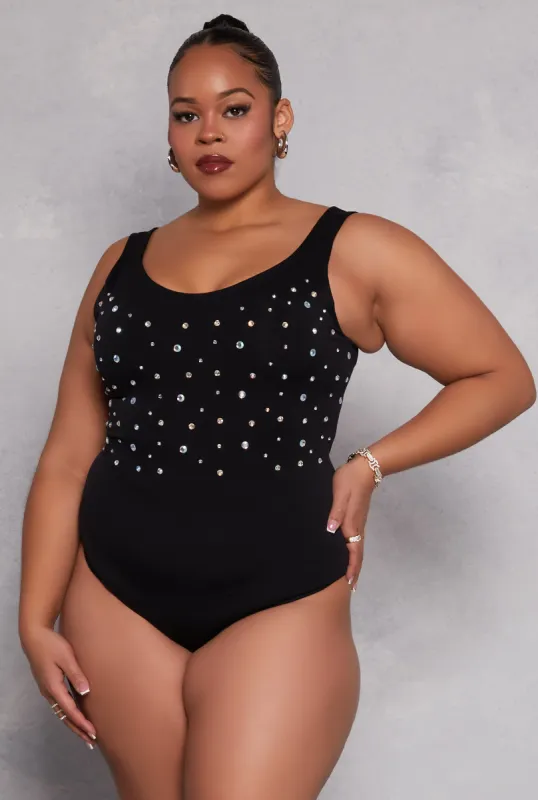 Plus Size Rhinestone Studded Bodysuit sold by Rainbow
