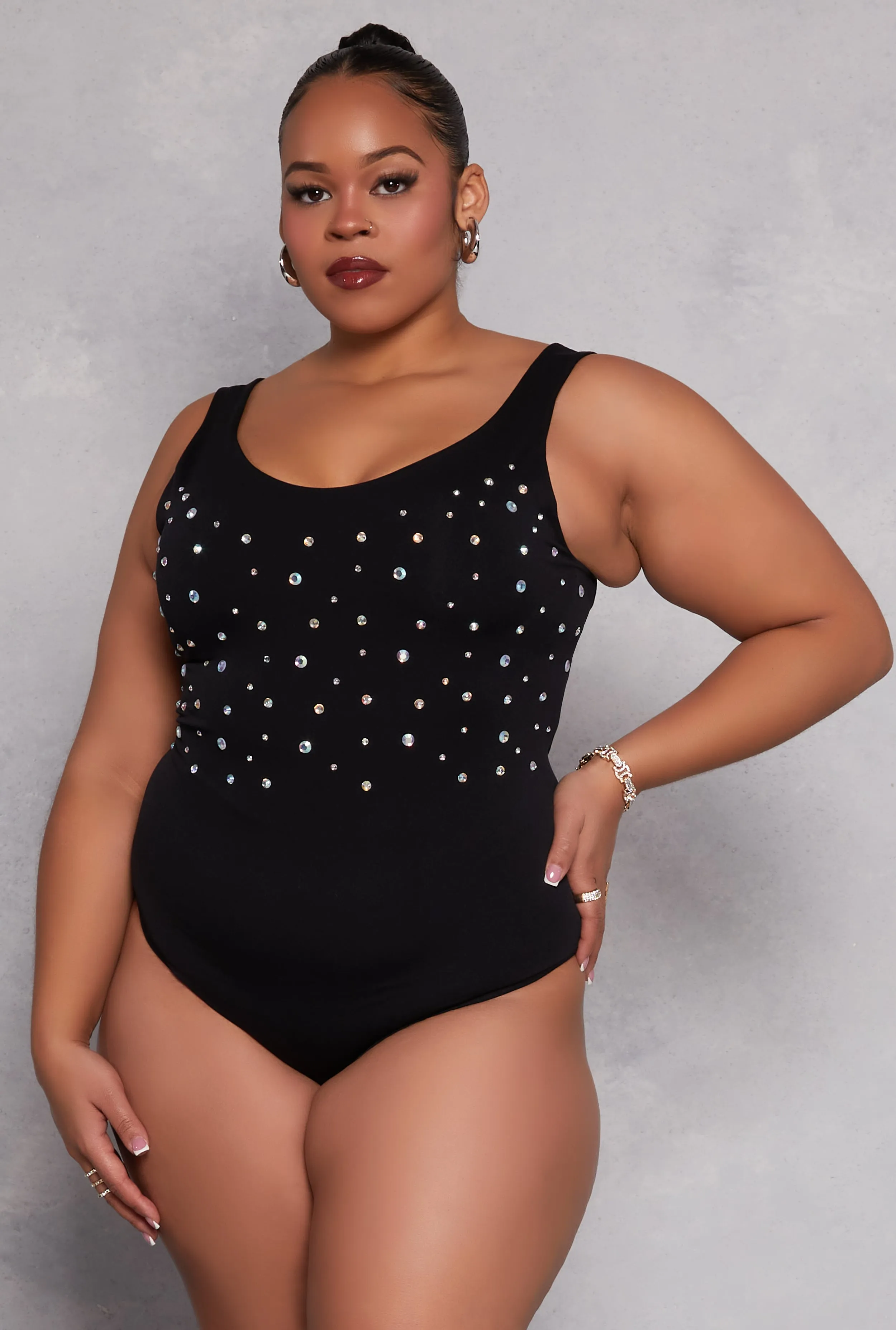 Plus Size Rhinestone Studded Bodysuit sold by Rainbow
