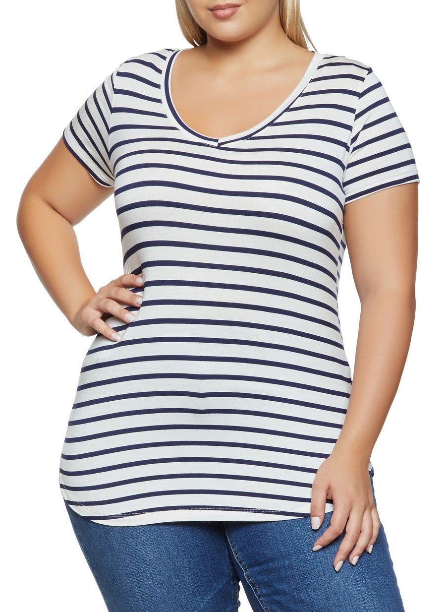 Plus Size V Neck Striped Top sold by Rainbow