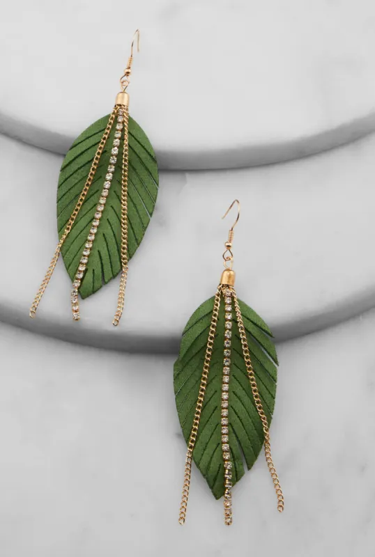 Fringe Rhinestone Chain Leaf Earrings sold by Rainbow