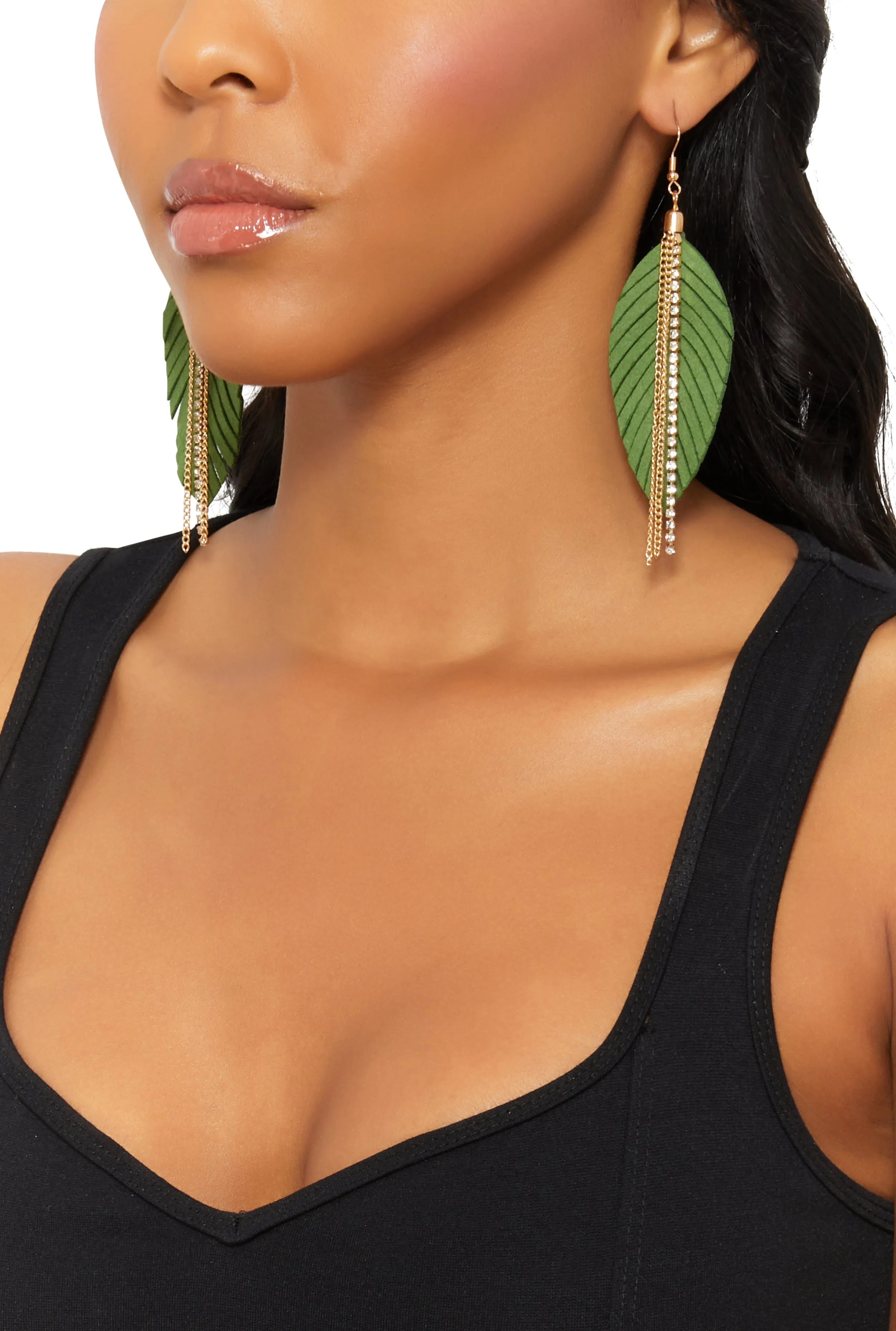 Fringe Rhinestone Chain Leaf Earrings sold by Rainbow product image thumbnail 2