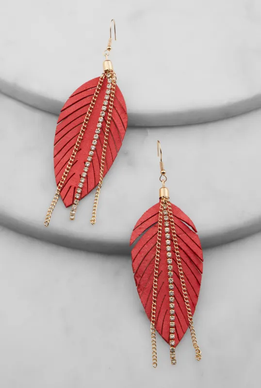 Fringe Rhinestone Chain Leaf Earrings sold by Rainbow