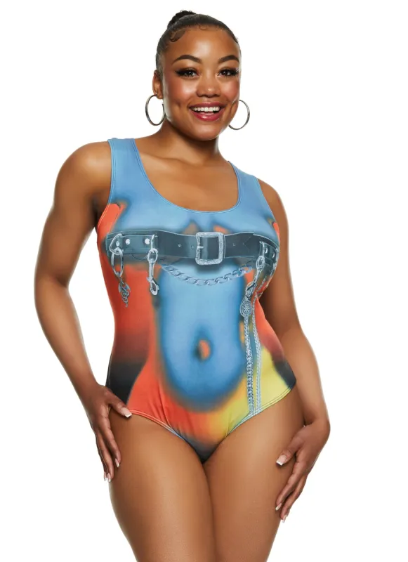Plus Size Buckle Body Print Tank Bodysuit sold by Rainbow