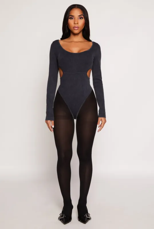 Ribbed Knit Acid Wash Cut Out Bodysuit sold by Rainbow