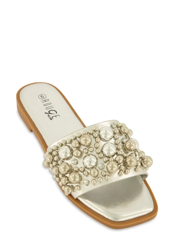 Embellished Faux Pearl Studded Slide Sandals sold by Rainbow