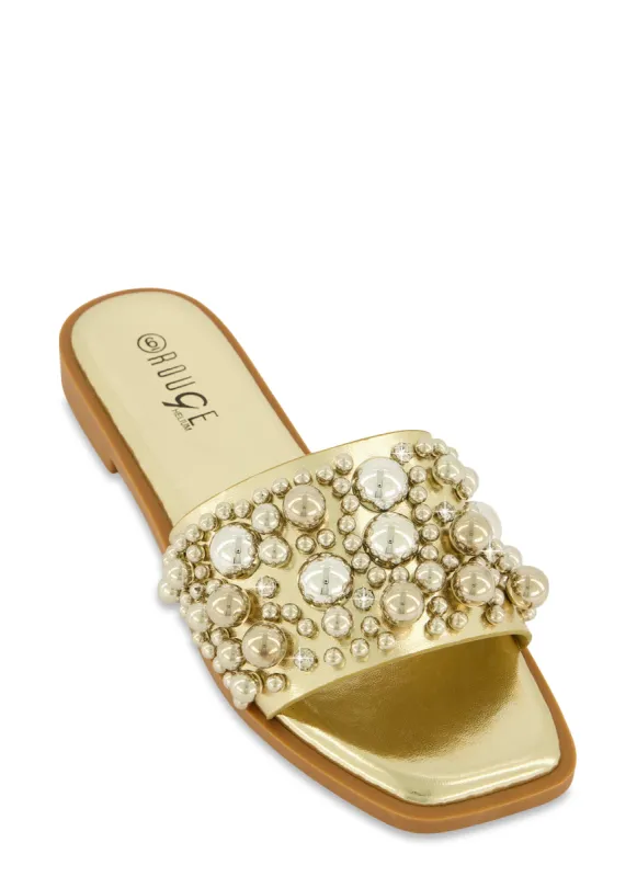 Embellished Faux Pearl Studded Slide Sandals sold by Rainbow