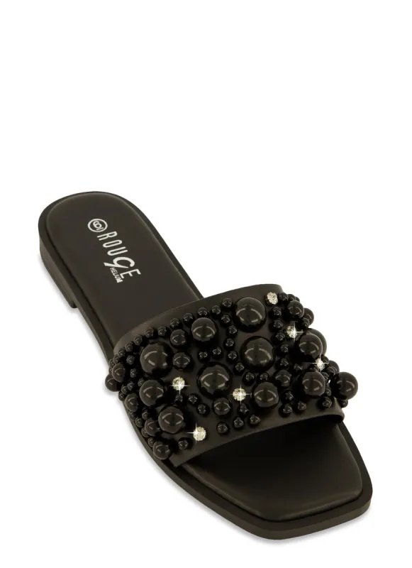 Embellished Faux Pearl Studded Slide Sandals sold by Rainbow