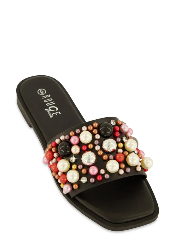 Embellished Faux Pearl Studded Slide Sandals sold by Rainbow