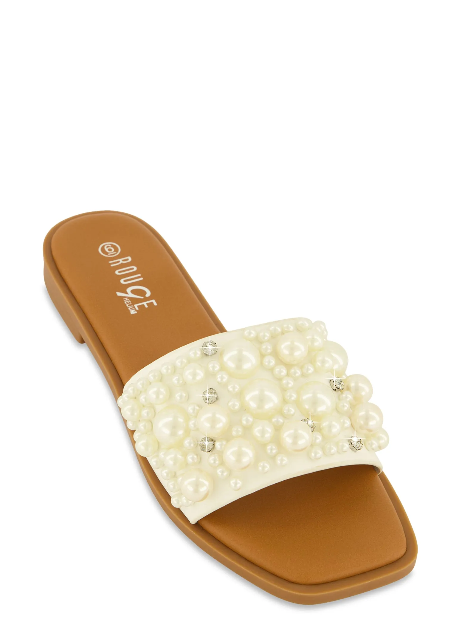 Embellished Faux Pearl Studded Slide Sandals sold by Rainbow