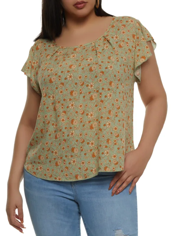 Plus Size Floral Flutter Sleeve Tie Back Blouse sold by Rainbow