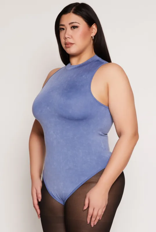 Plus Size Acid Wash Mock Neck Bodysuit sold by Rainbow