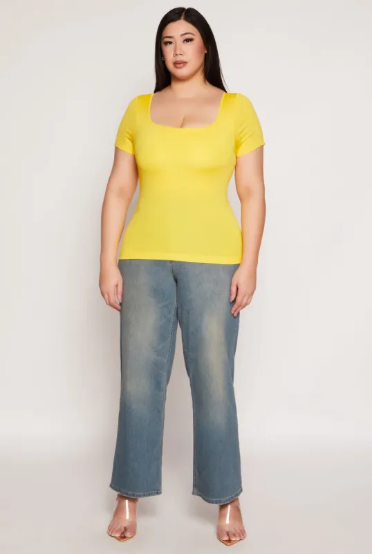 Plus Size Seamless Square Neck Short Sleeve Top made by Rainbow