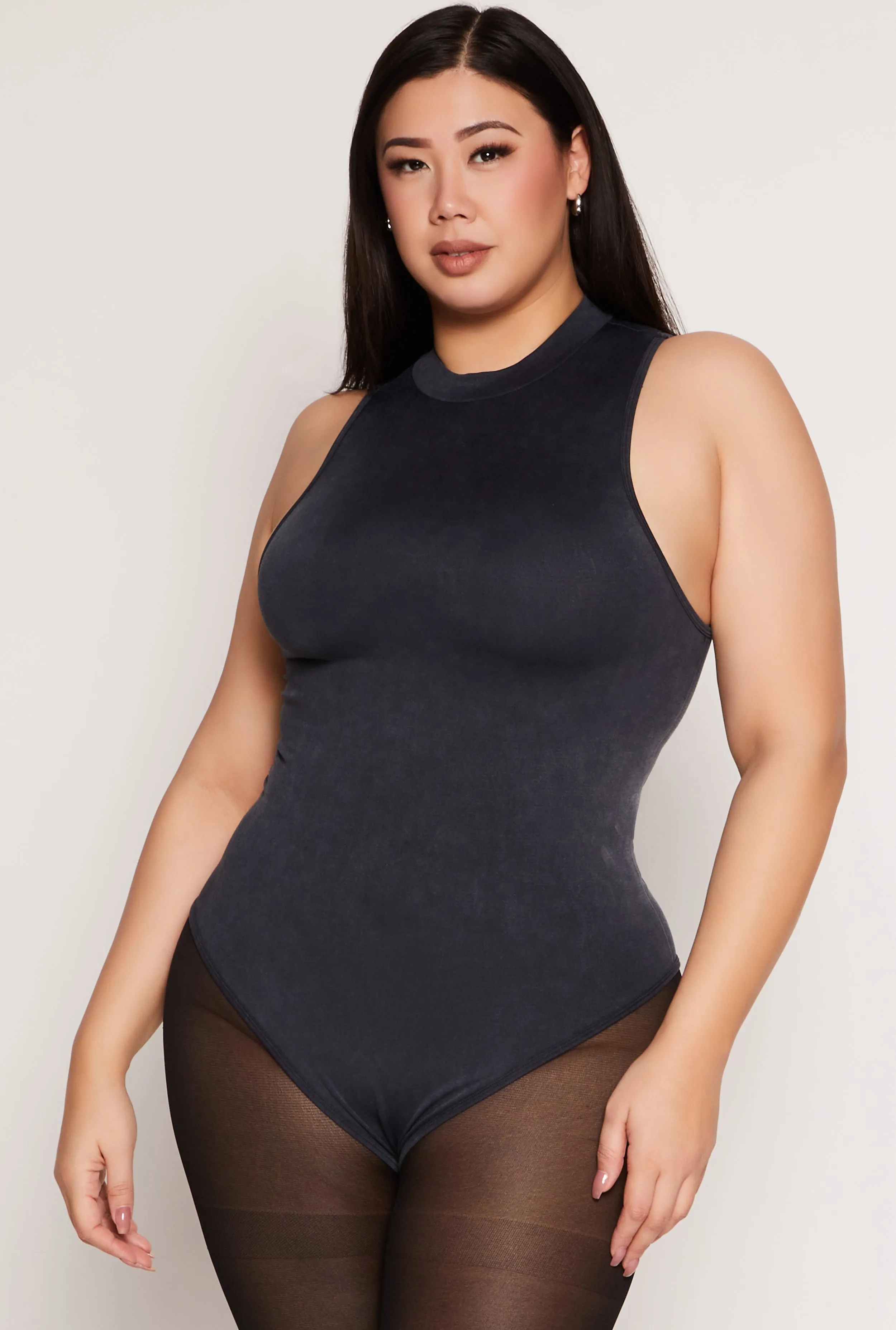 Plus Size Acid Wash Mock Neck Bodysuit sold by Rainbow