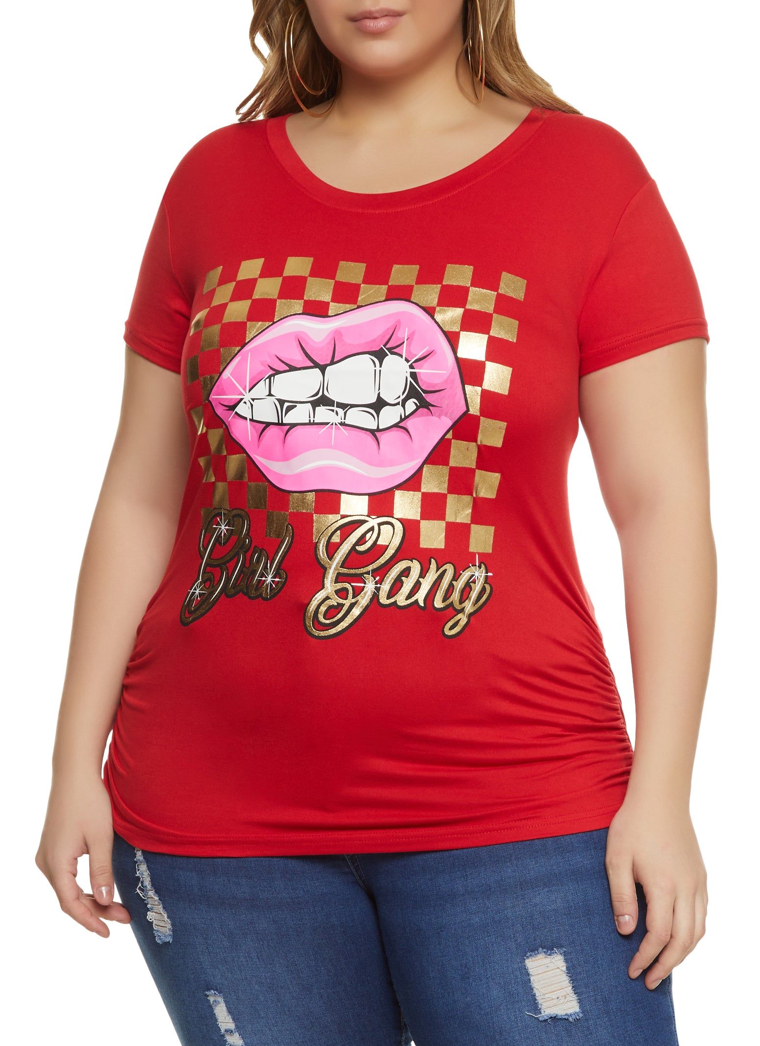 Plus Size Foil Screen Girl Gang Ruched Graphic Tee sold by Rainbow