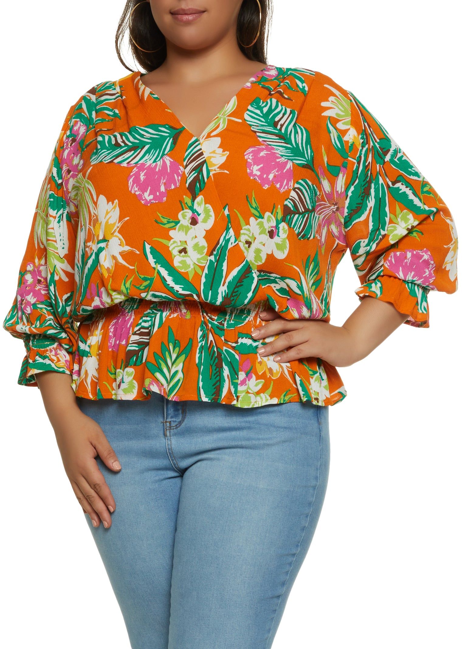 Plus Size Floral Print Smocked Wrap Top sold by Rainbow