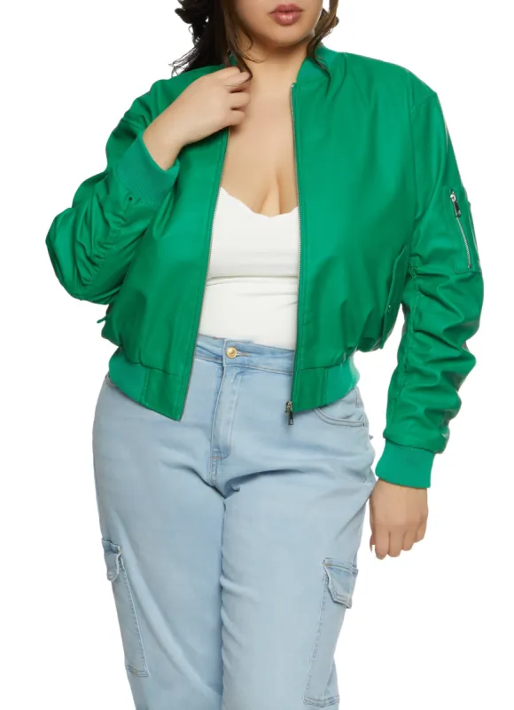 Plus Size Faux Leather Ruched Sleeve Bomber Jacket sold by Rainbow