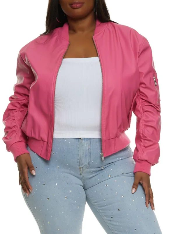 Plus Size Faux Leather Ruched Sleeve Bomber Jacket sold by Rainbow