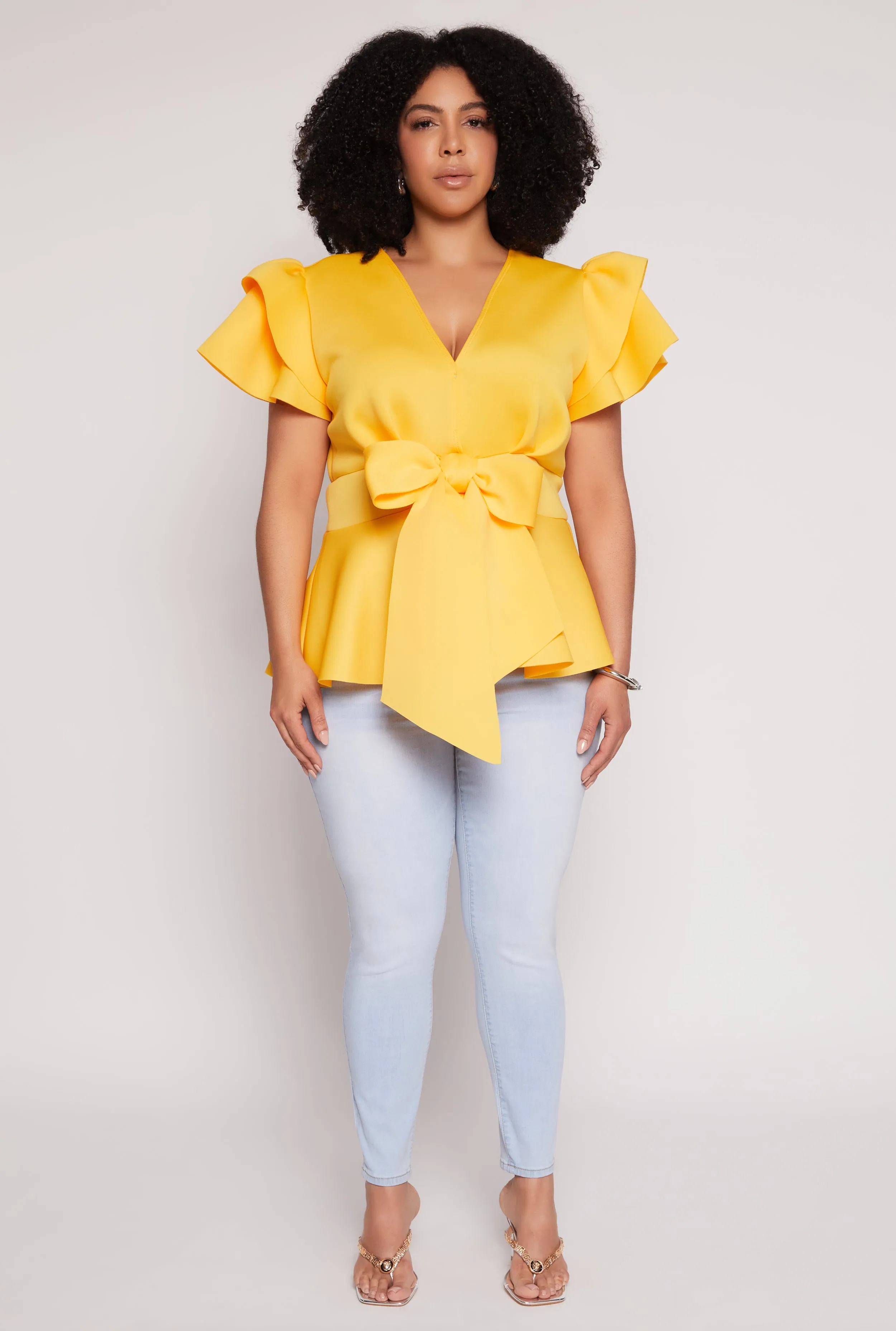 Plus Size Tiered Sleeve Tie Waist Peplum Top sold by Rainbow