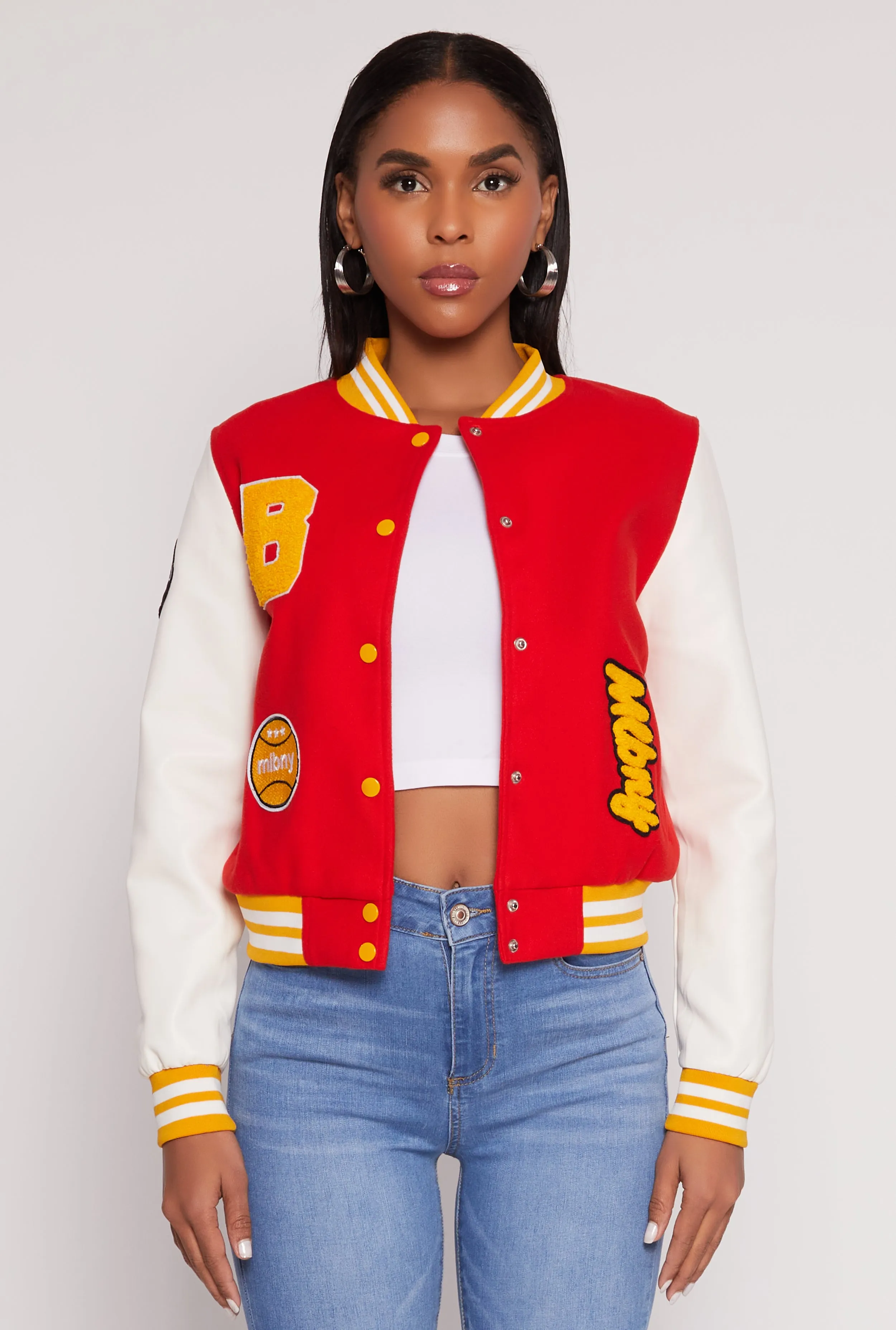 Daisy B Initial Baseball Patch Varsity Jacket sold by Rainbow