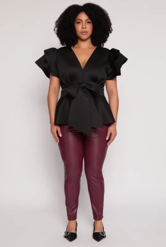 Plus Size Tiered Sleeve Tie Waist Peplum Top sold by Rainbow