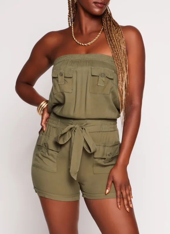 Strapless Tie Waist Utility Romper sold by Rainbow