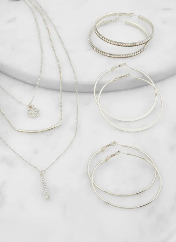 Rhinestone Layered Chain Necklace and Hoop Earring Trio sold by Rainbow