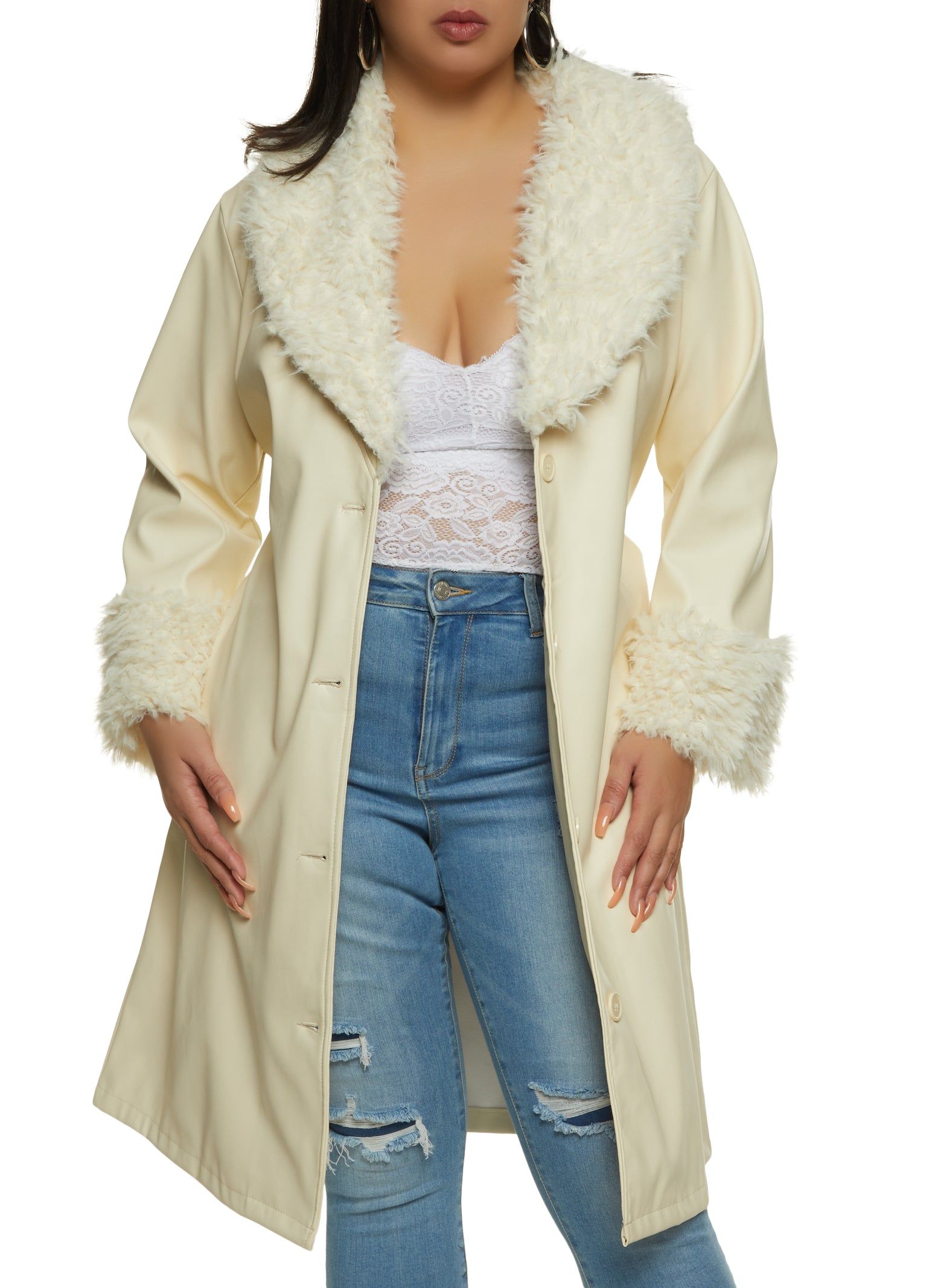 Plus Size Faux Fur Trim Belted Trench Coat sold by Rainbow
