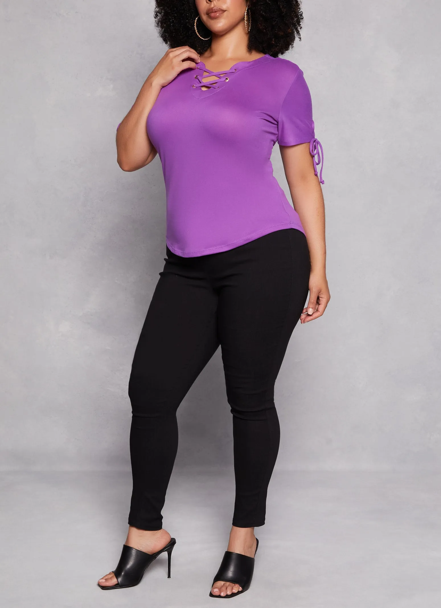 Plus Size Lace Up Notch Neck Tie Sleeve Tee sold by Rainbow product image thumbnail 2