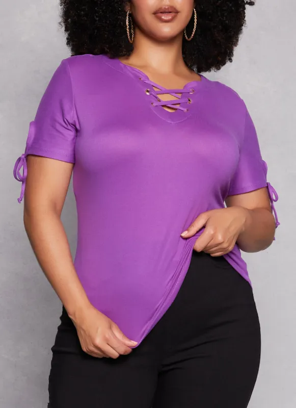 Plus Size Lace Up Notch Neck Tie Sleeve Tee sold by Rainbow
