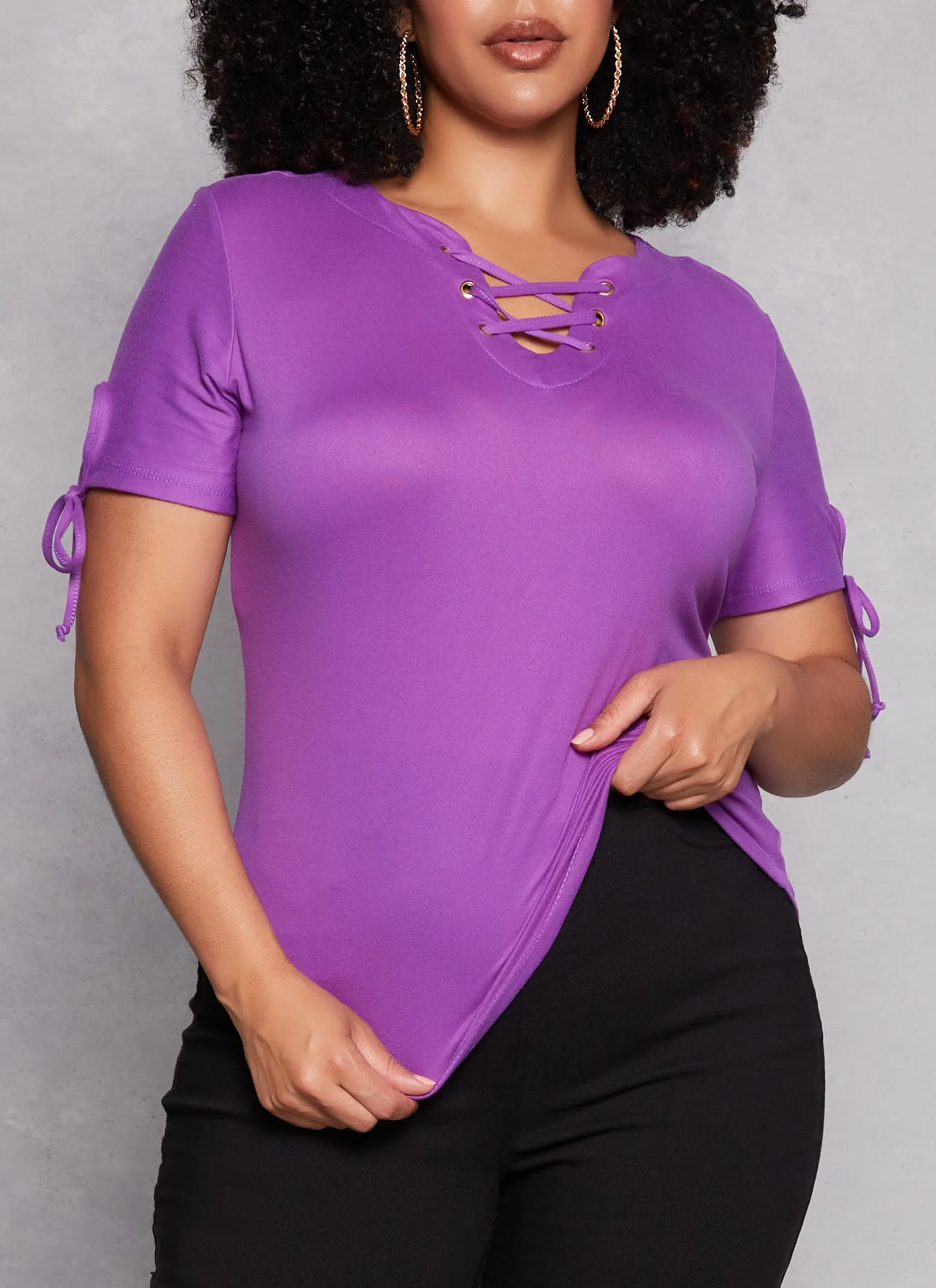 Plus Size Lace Up Notch Neck Tie Sleeve Tee sold by Rainbow