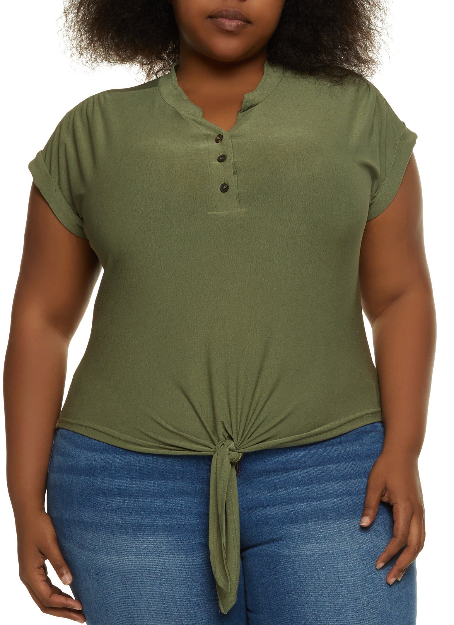 Plus Size Half Button Tie Front High Low Top sold by Rainbow
