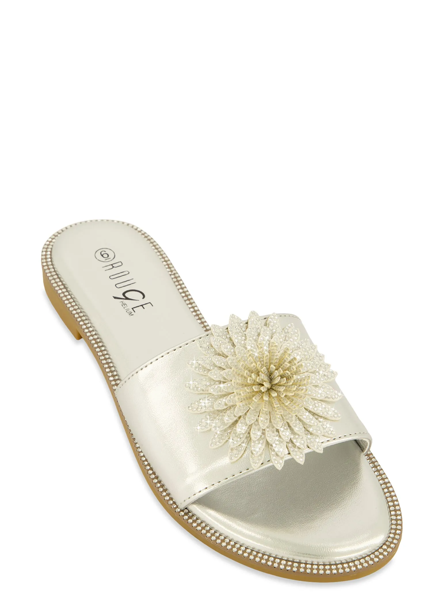 Rhinestone Studded 3D Floral Band Slide Sandals sold by Rainbow
