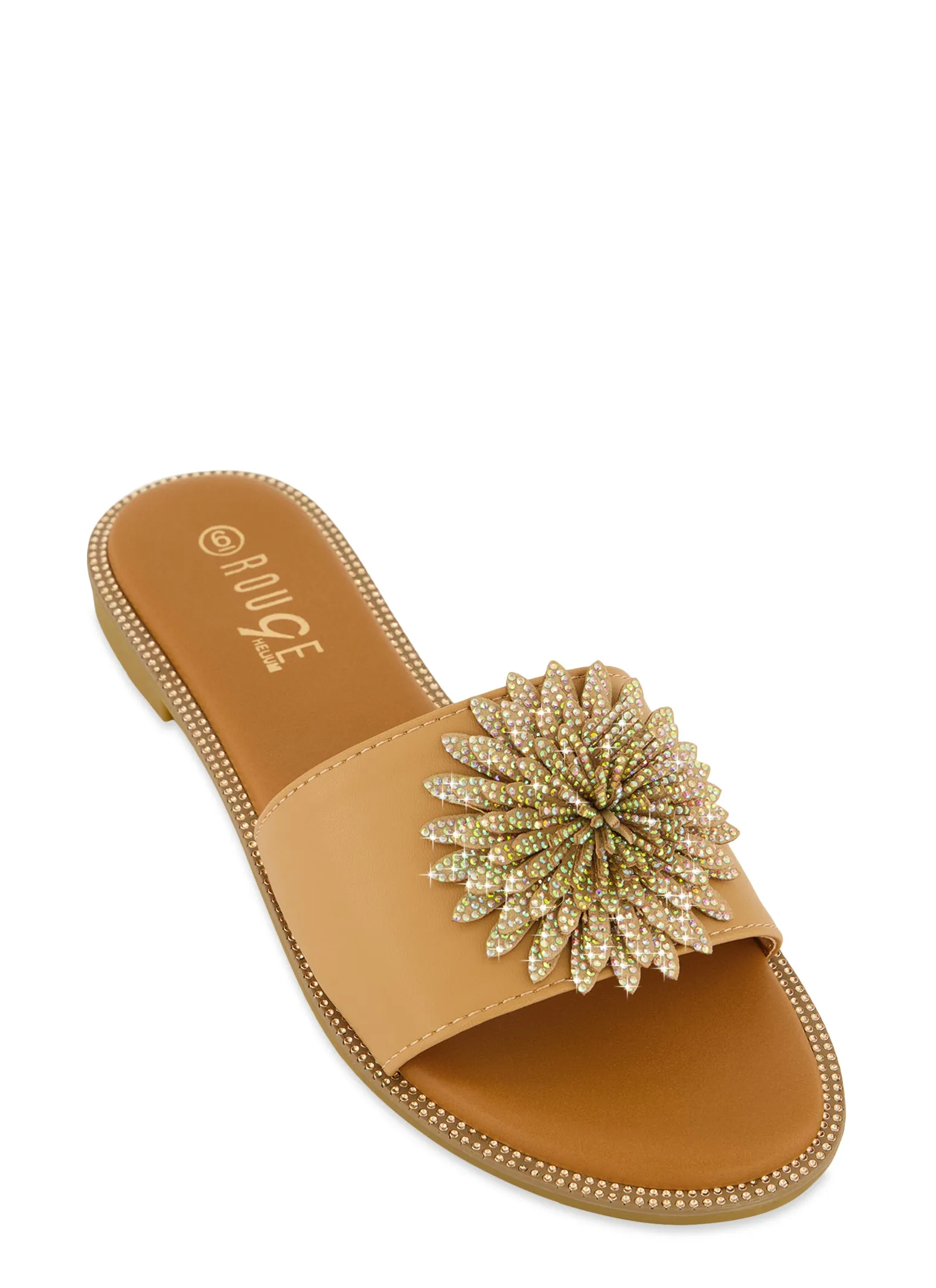 Rhinestone Studded 3D Floral Band Slide Sandals sold by Rainbow