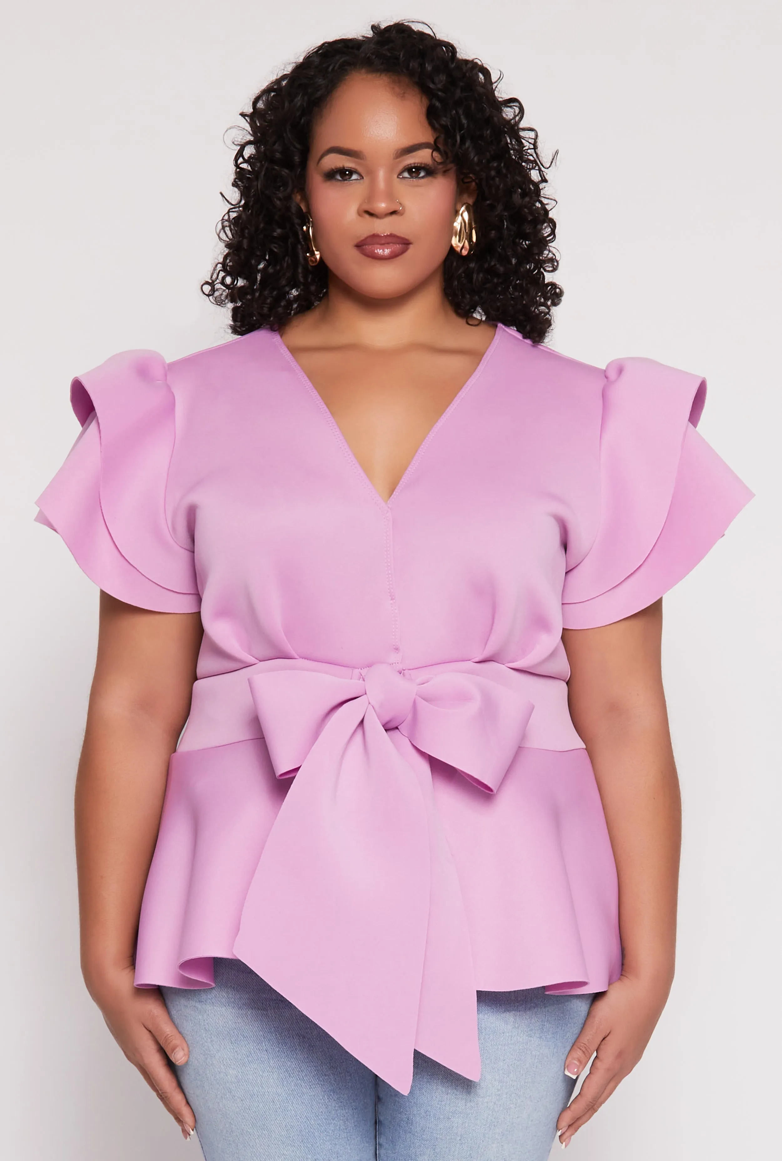 Plus Size Tiered Sleeve Tie Waist Peplum Top sold by Rainbow product image thumbnail 2