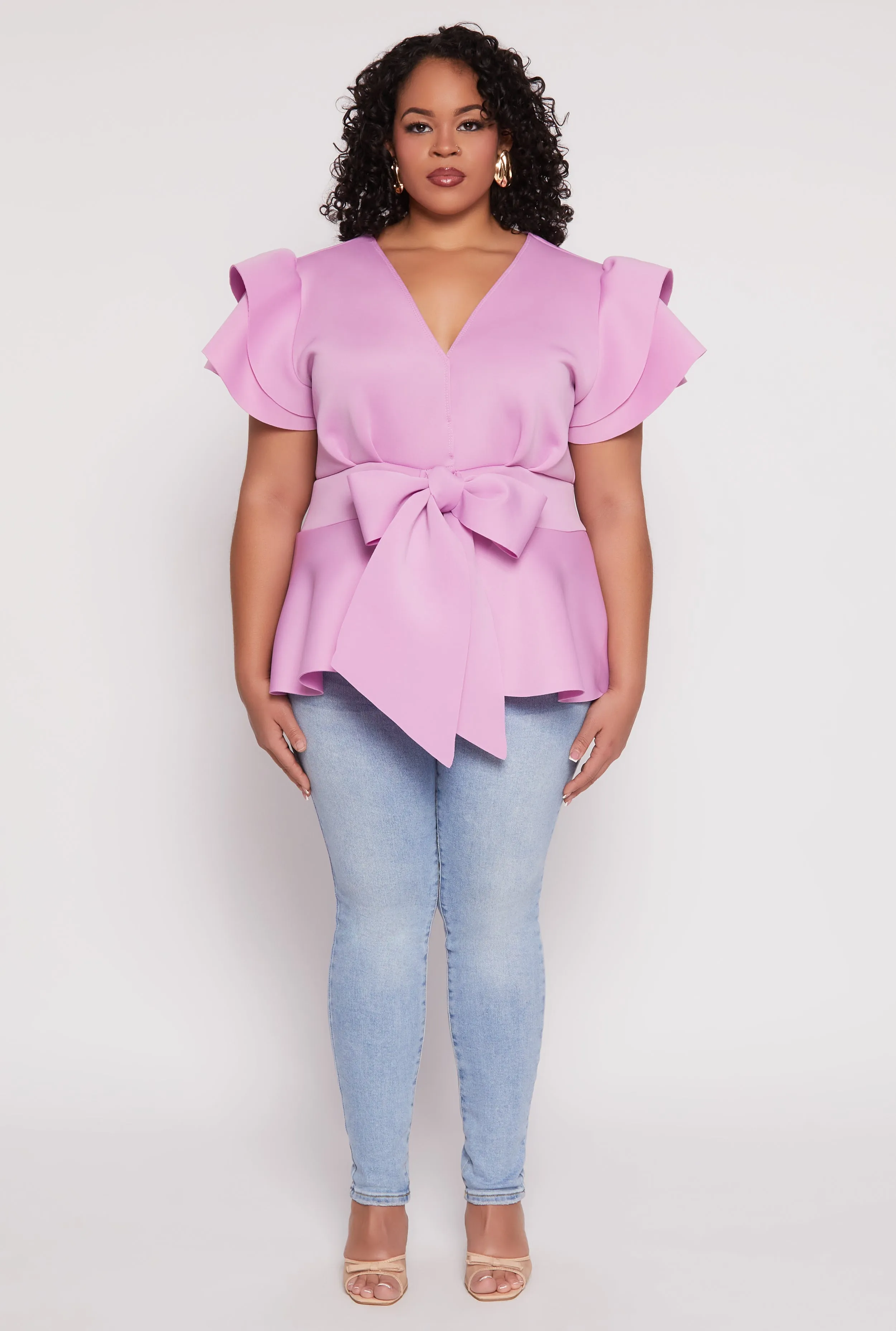 Plus Size Tiered Sleeve Tie Waist Peplum Top sold by Rainbow