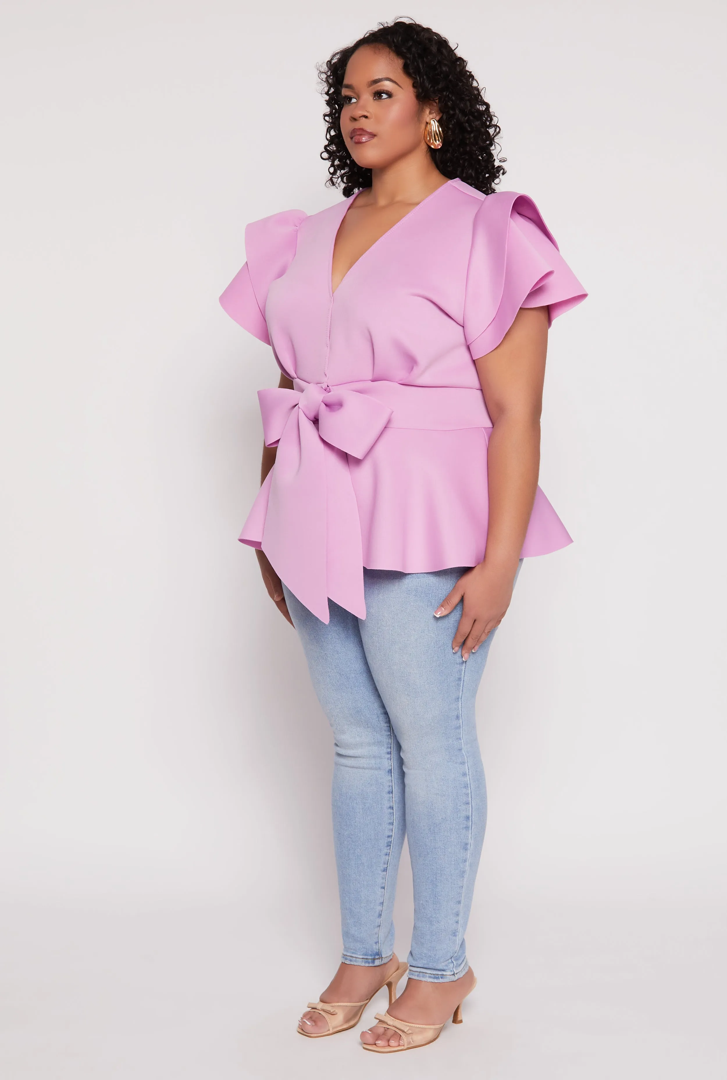 Plus Size Tiered Sleeve Tie Waist Peplum Top sold by Rainbow product image thumbnail 3