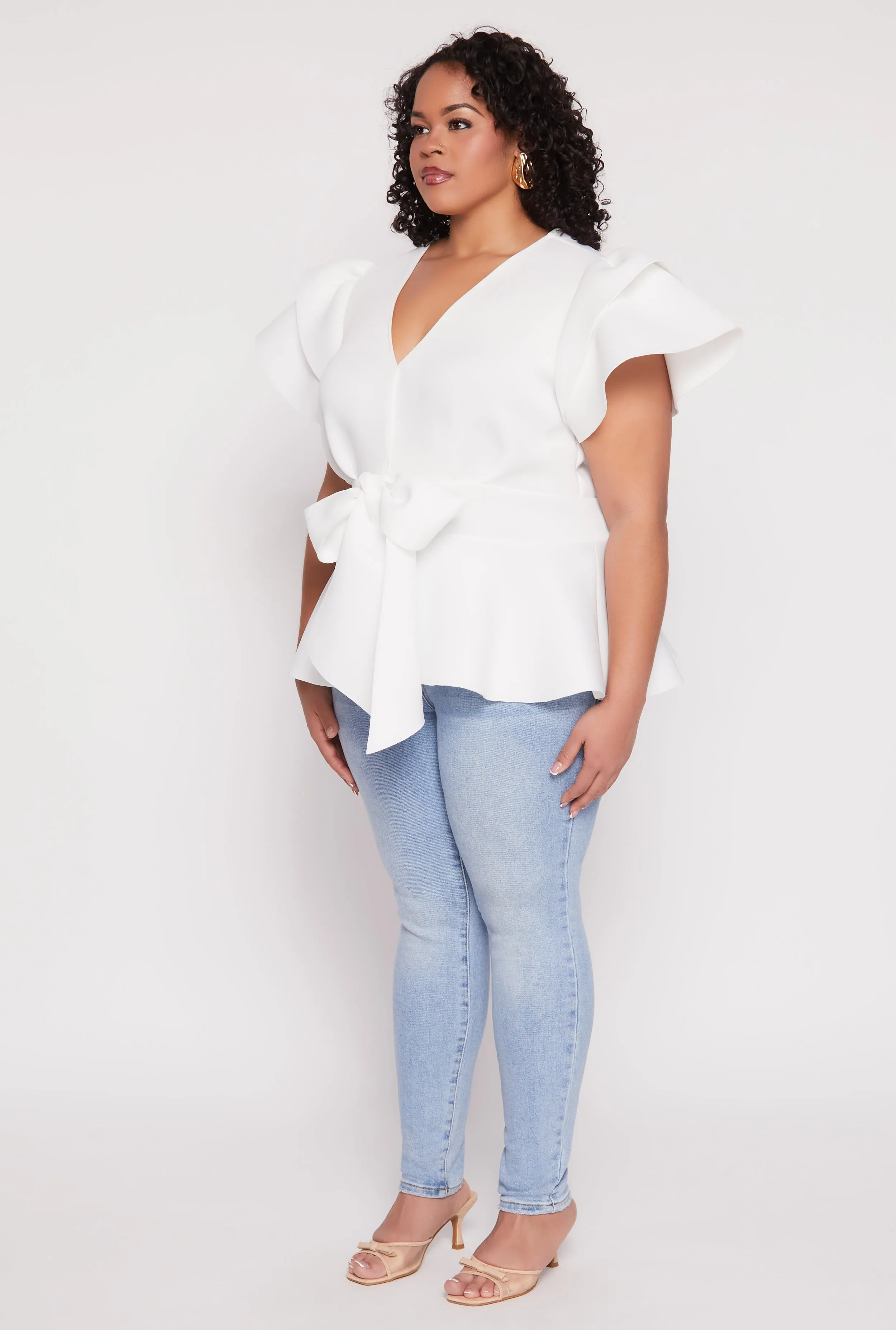 Plus Size Tiered Sleeve Tie Waist Peplum Top sold by Rainbow product image thumbnail 3