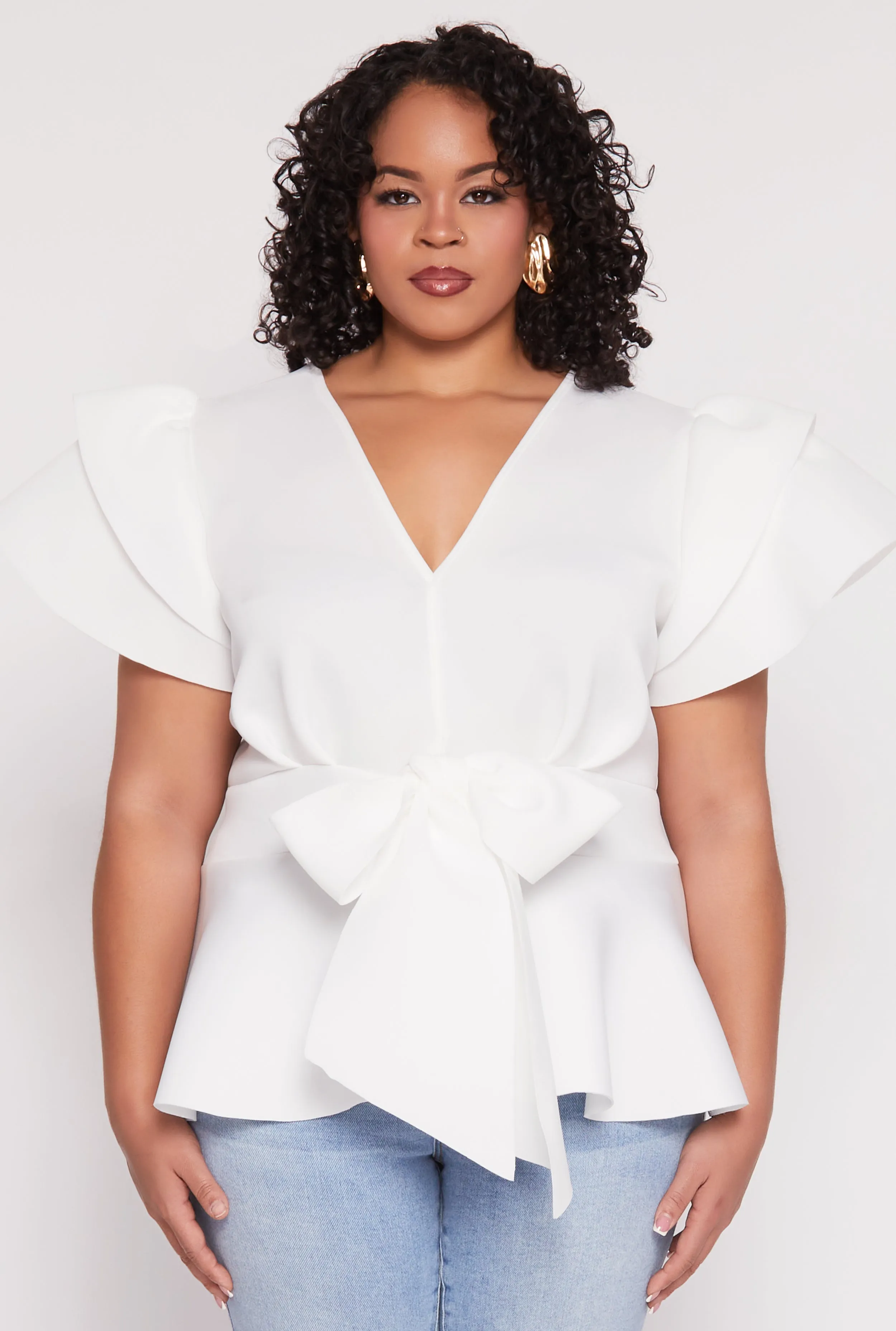 Plus Size Tiered Sleeve Tie Waist Peplum Top sold by Rainbow product image thumbnail 2