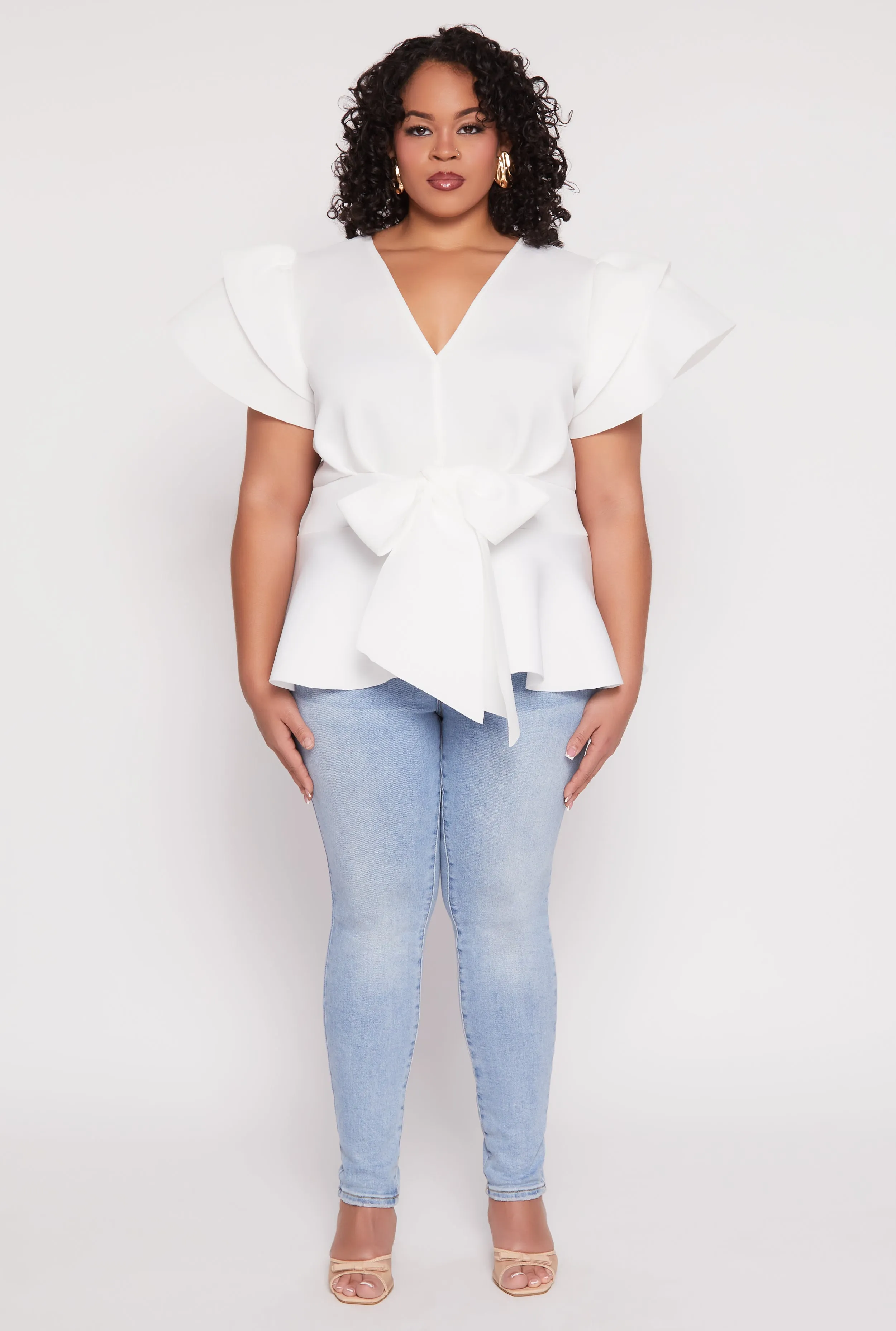 Plus Size Tiered Sleeve Tie Waist Peplum Top sold by Rainbow