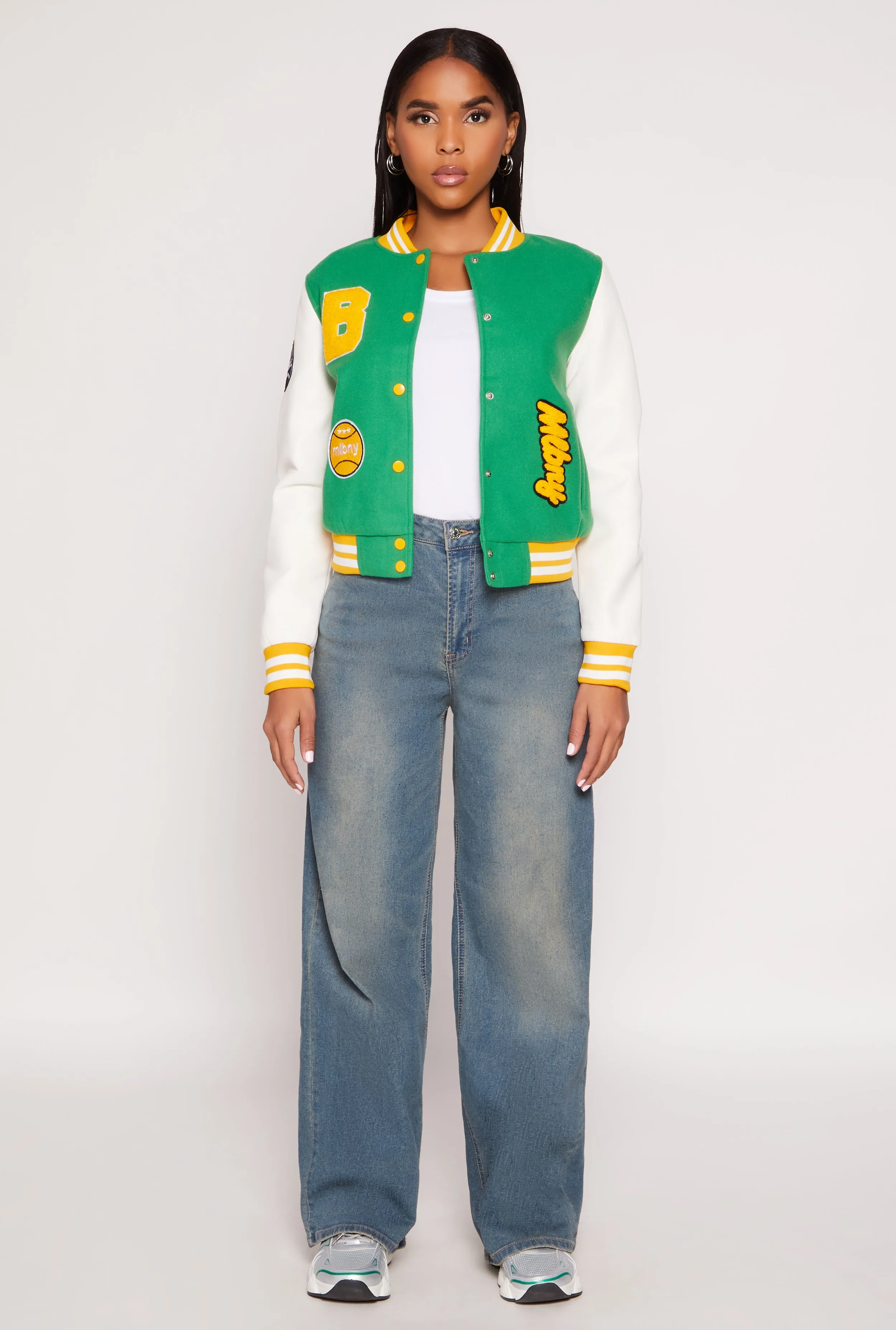 Daisy B Initial Baseball Patch Varsity Jacket sold by Rainbow